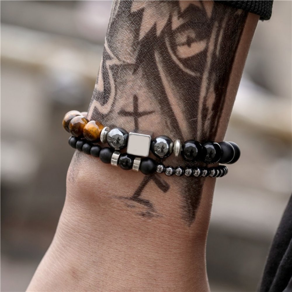 men black iron stone tiger eye stone bracelet - Picture 2 of 3